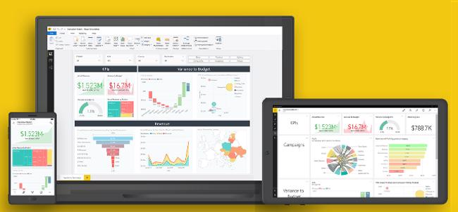 Image of Power BI on a computer, tablet, and phone.