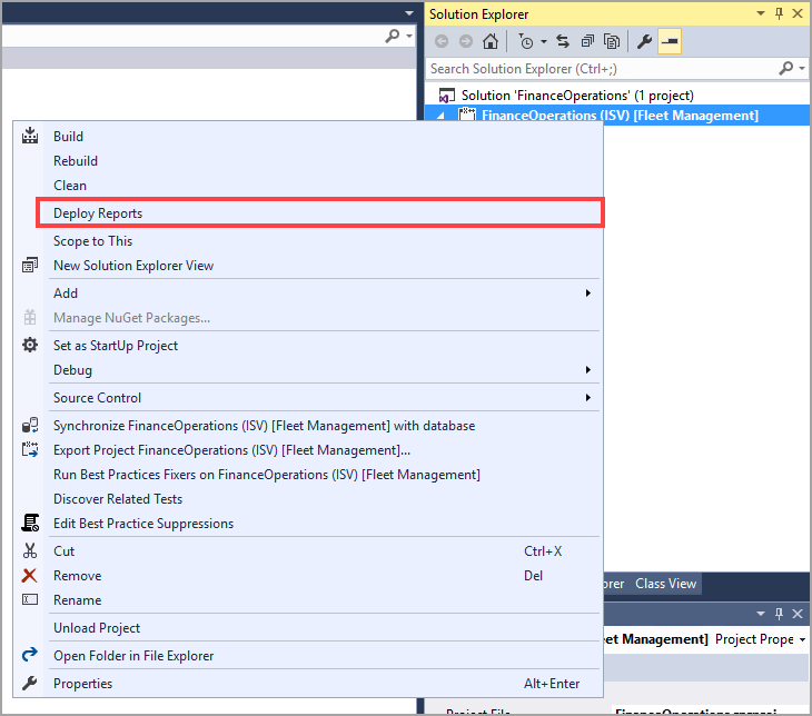 Screenshot of the Visual Studio Solution Explorer page showing the Deploy Reports option.