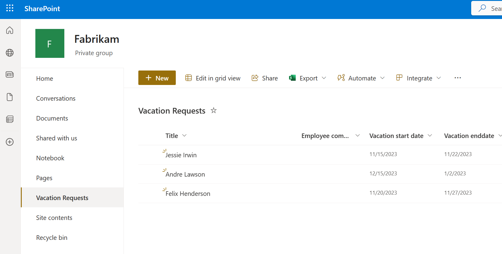 Screenshot of a list of vacation requests in SharePoint.