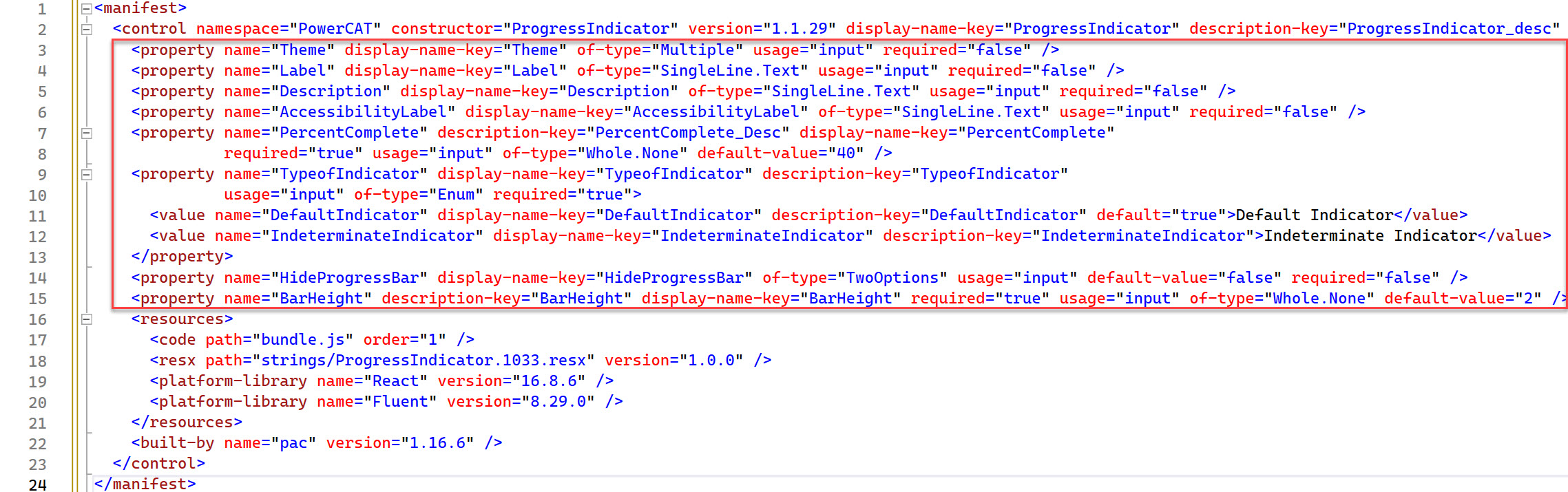 Screenshot showing properties coded in a progress indicator component.