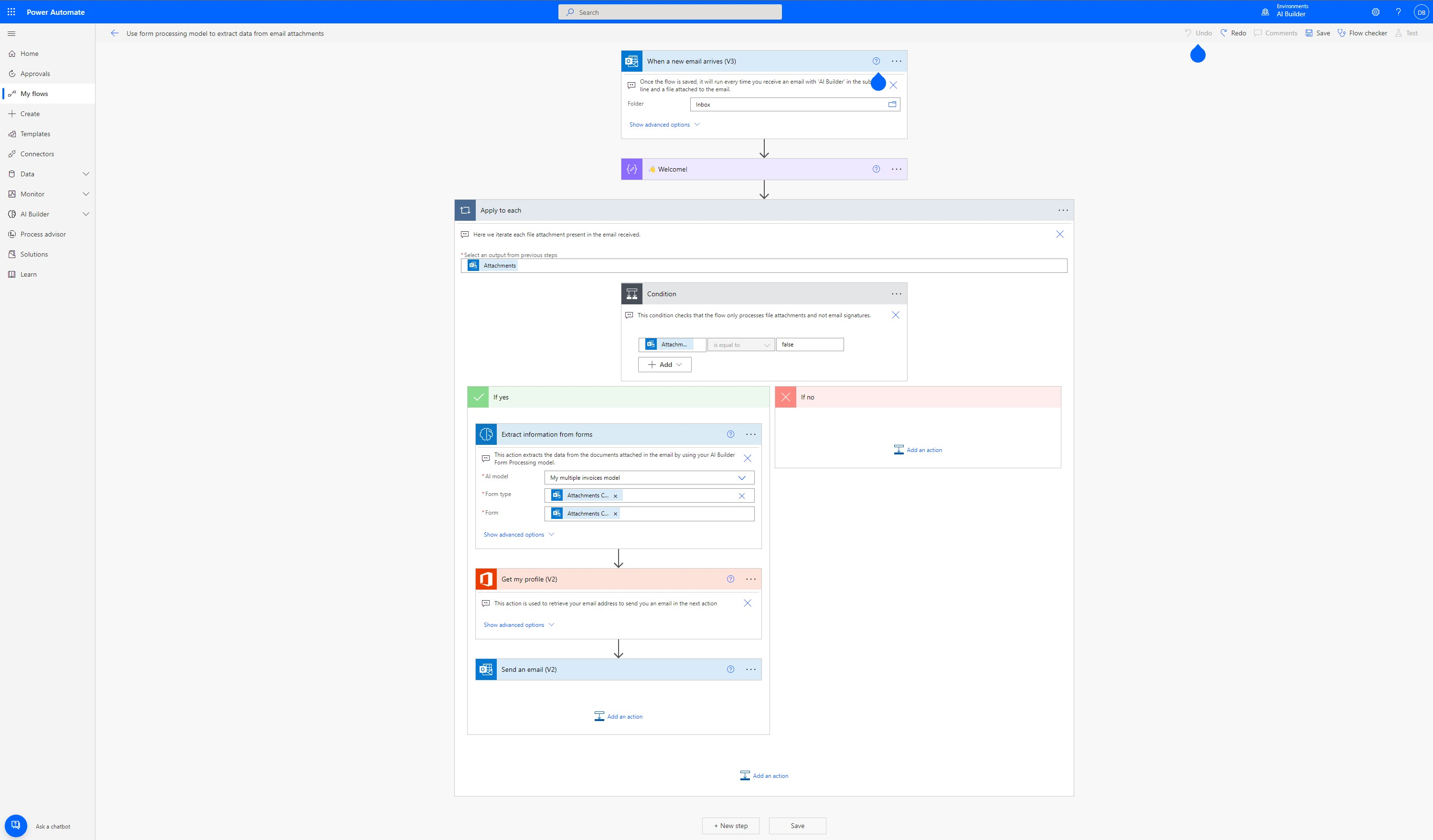 Screenshot of sample flow illustrating how to use your newly trained model.