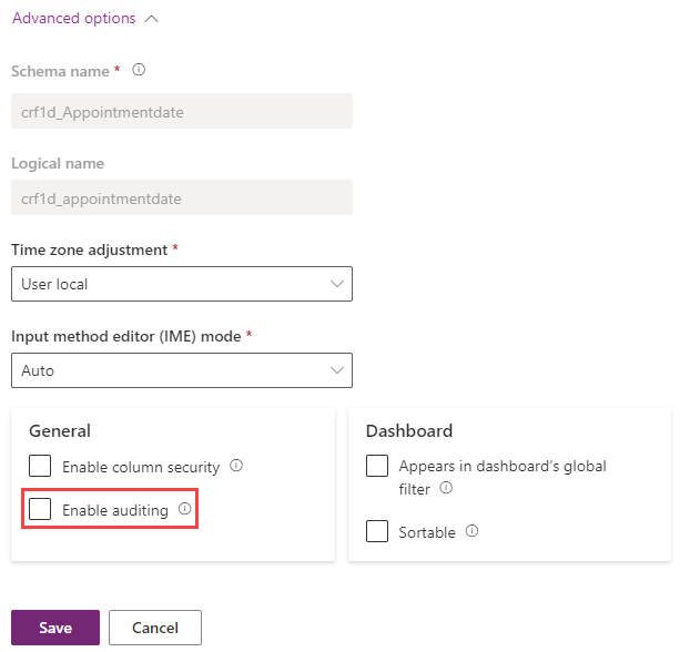 Screenshot of Edit column advanced options pane with Enable auditing highlighted.