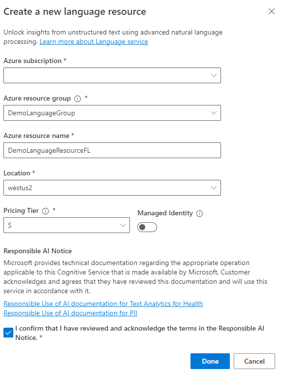 Screenshot of the Create a new language resource dialog.