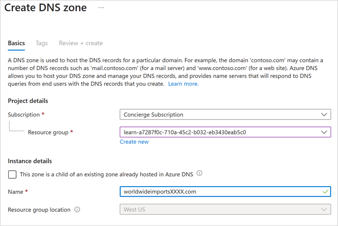 Screenshot of Create DNS zone page.