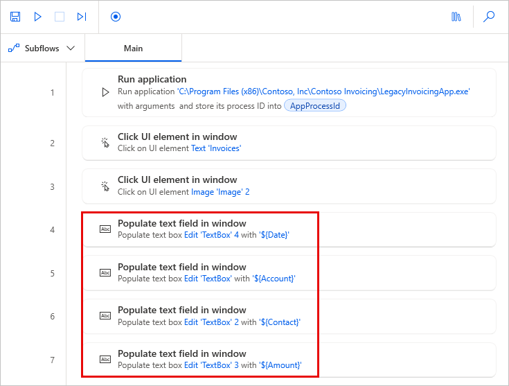 Screenshot of the steps with three that populate a text box with a variable.