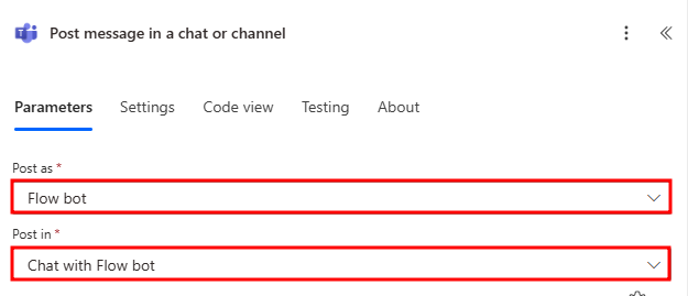 Screenshot of adding the flow bot fields.