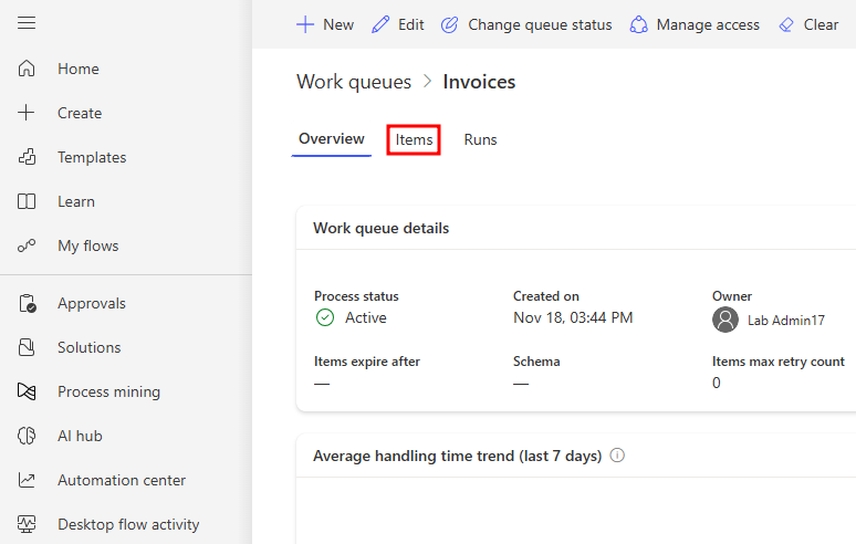 Screenshot shows item tab in the work queue menu.