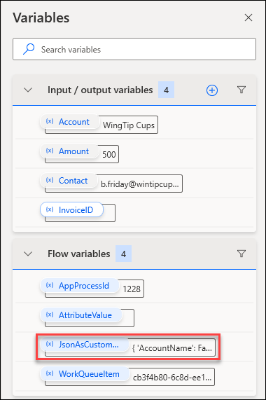 Screenshot shows the JSON As Custom Object variable selection.