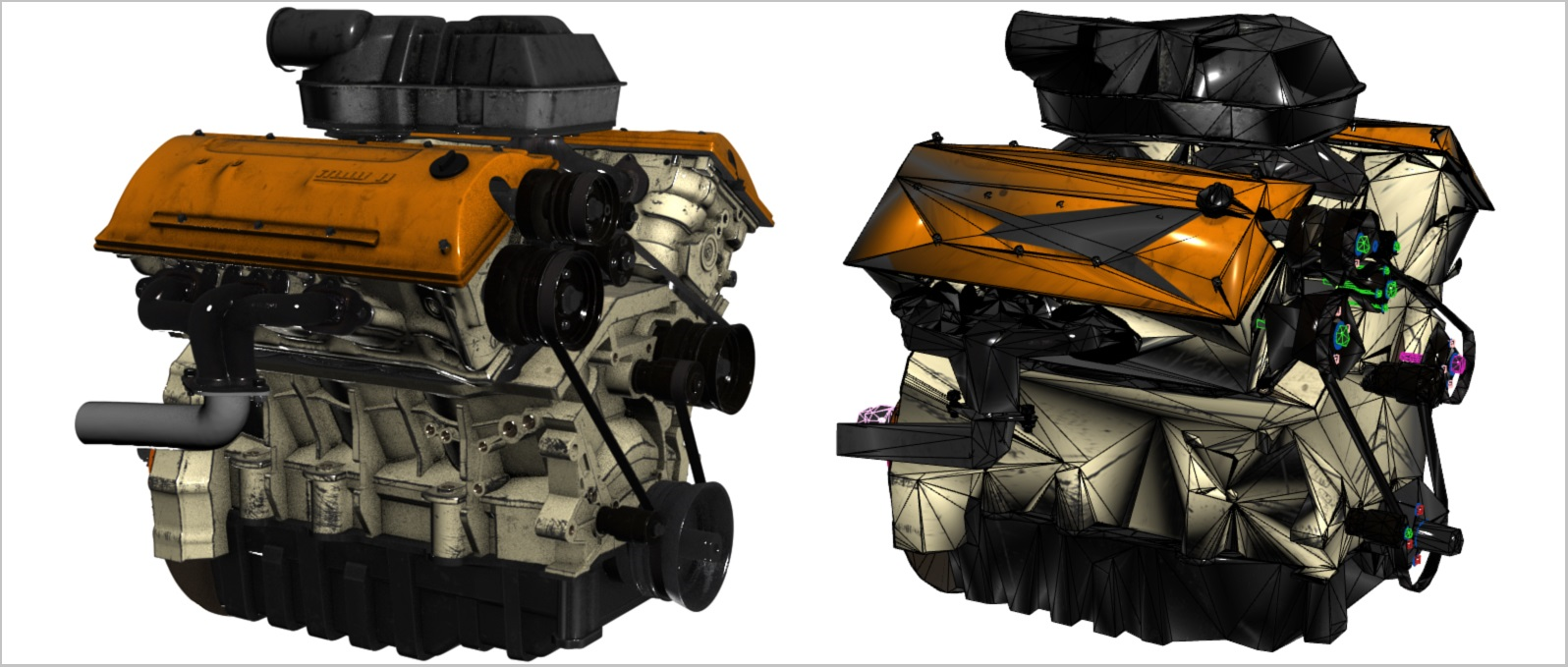 Photograph of two 3D car engine models. The left model has a high triangle count, and the right model has a low triangle count.