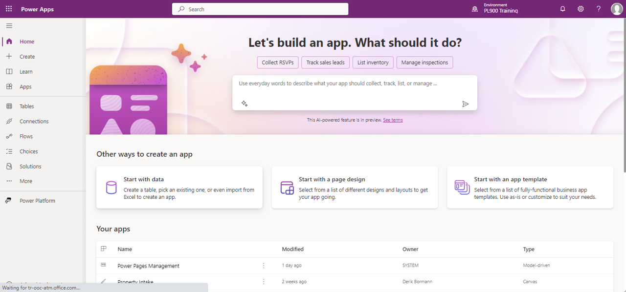 Screenshot of Power Apps Studio showing how to request a template to fit the project objective.
