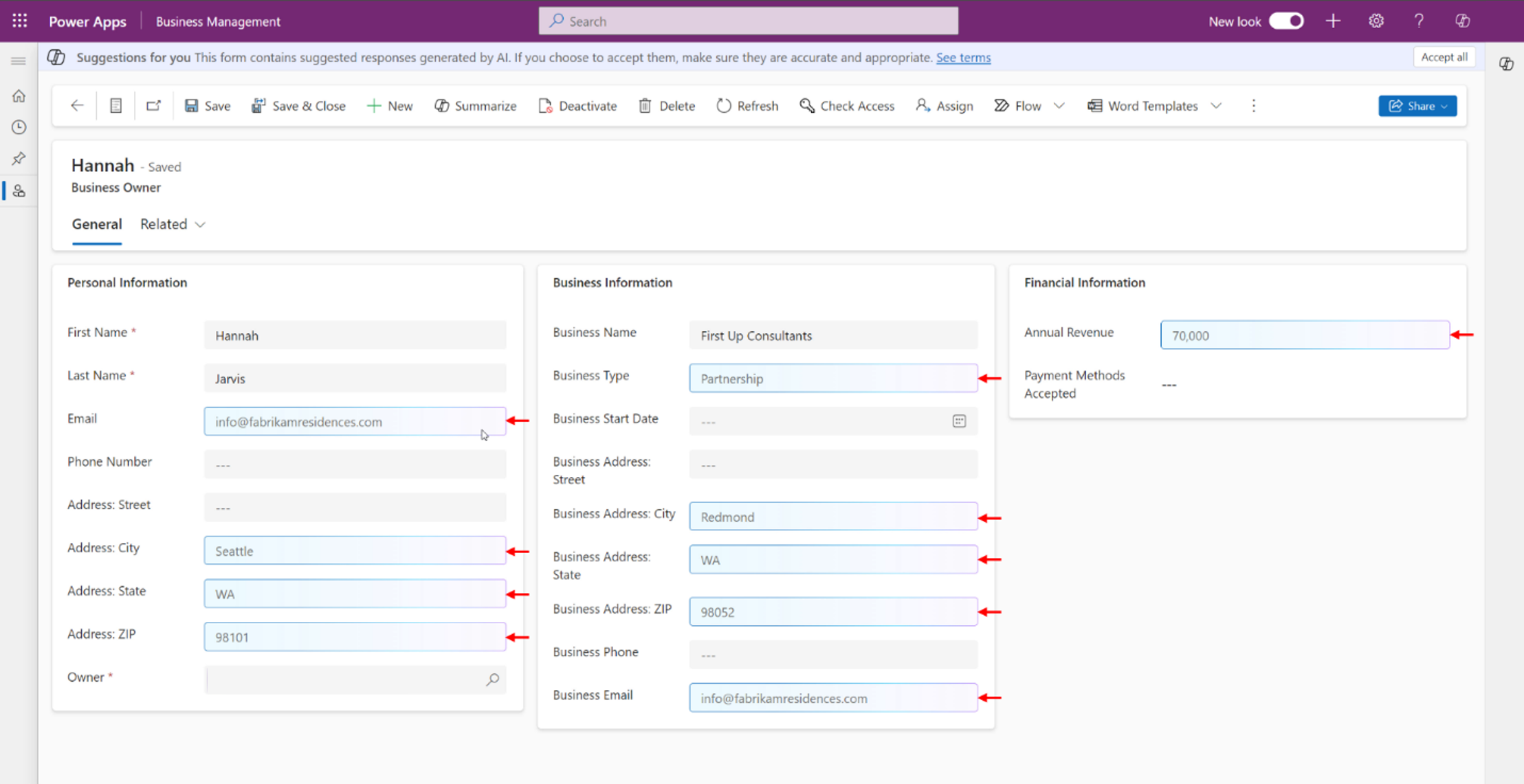 Screenshot of Copilot providing form filling suggestions in a model-driven app.