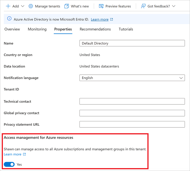 Screenshot of the "Access management for Azure resources" option