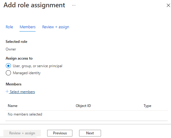 Screenshot of the Member tab on the Add role assignment page. 