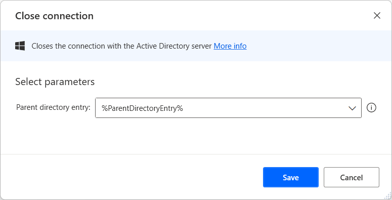 Screenshot of Close connection action properties.