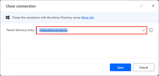 Screenshot of Close connection action properties.
