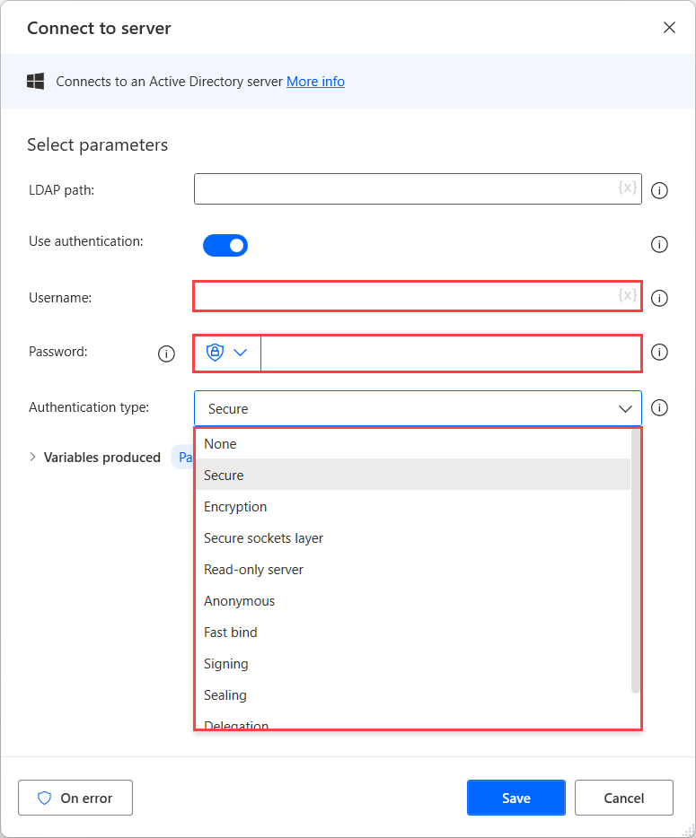 Screenshot of Connect to server action properties with Use authentication switched on.