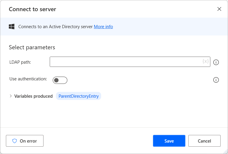 Screenshot of Connect to server action properties.