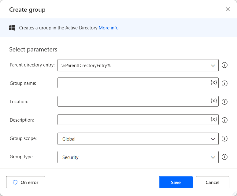 Screenshot of Create group action properties.