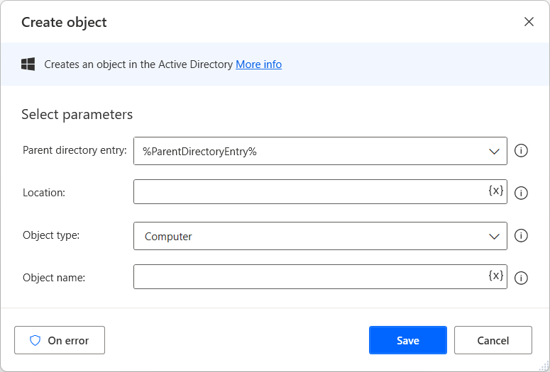 Screenshot of Create object action properties.