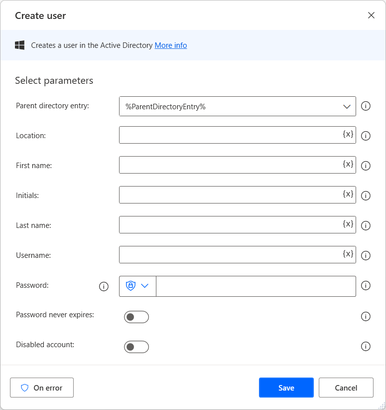 Screenshot of Create user action properties.