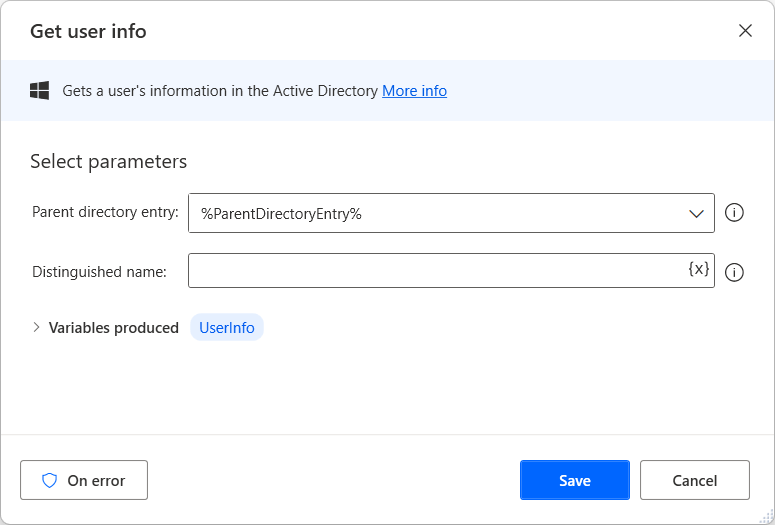 Screenshot of Get user info action properties.