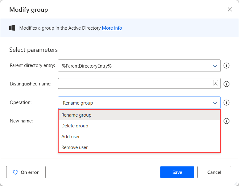 Screenshot of Modify group action properties.