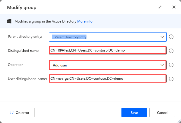 Screenshot of Modify group action properties.