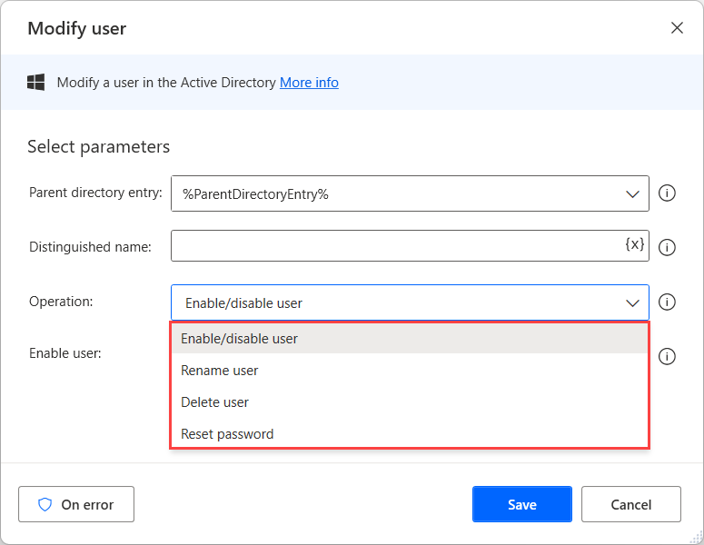 Screenshot of Modify user action properties.