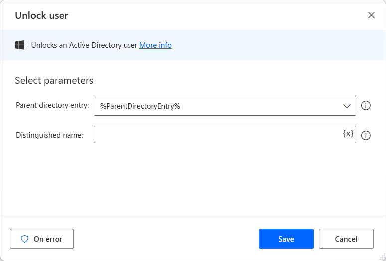 Screenshot of Unlock user action properties.