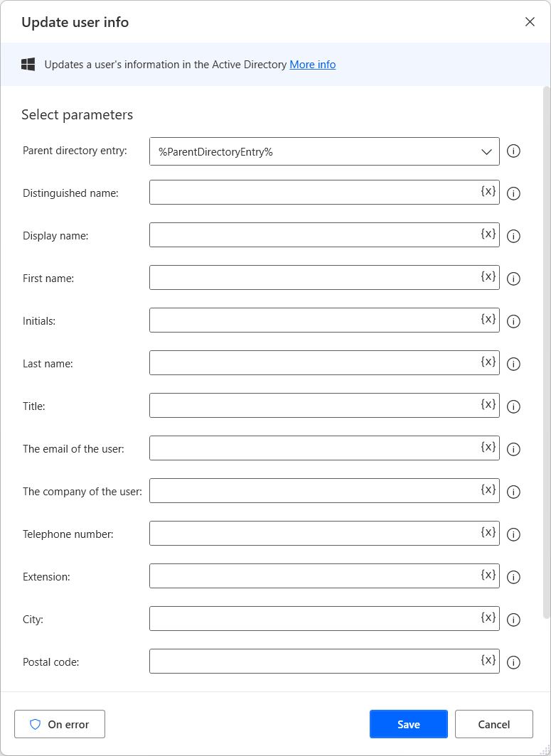 Screenshot of Update user info action properties.