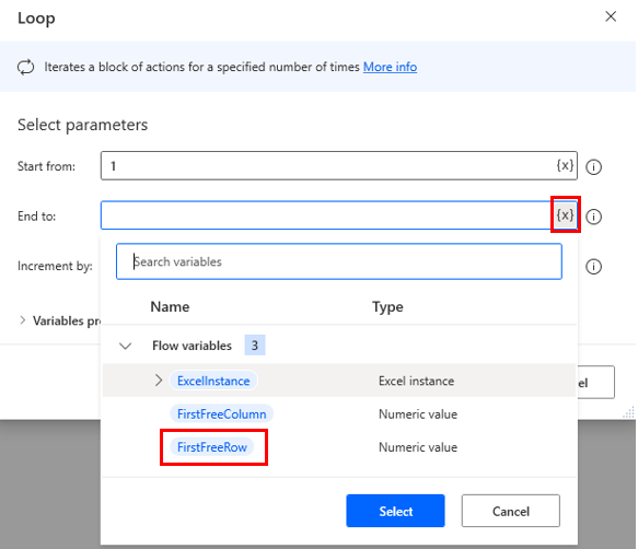 Screenshot of the first free row variable.