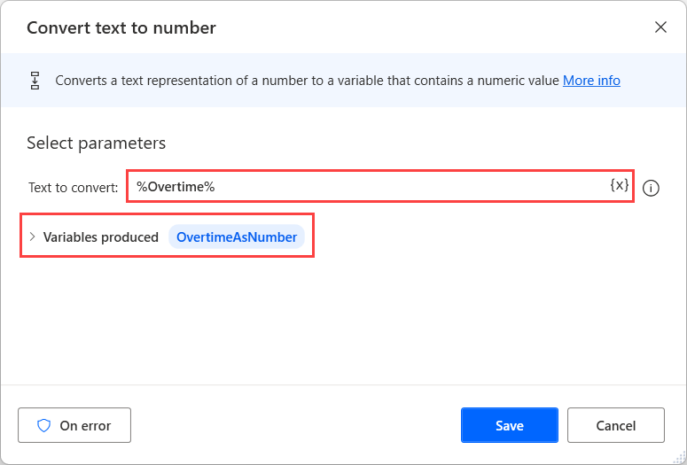 Screenshot of the Power Automate for desktop Convert text to number action.