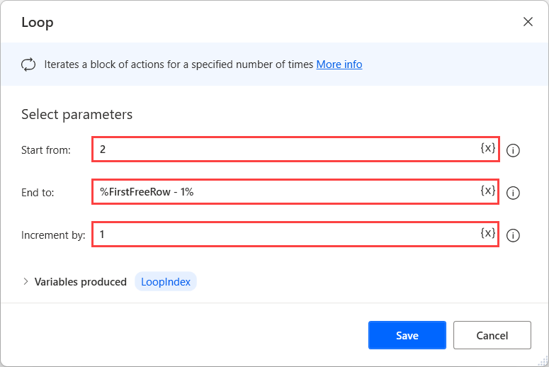 Screenshot of the Power Automate for desktop Loop action.