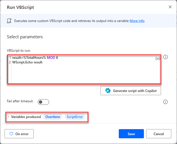 Screenshot of the Power Automate for desktop Run VBScript action.