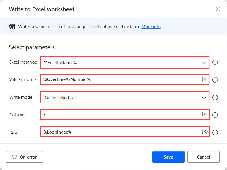 Screenshot of the Power Automate for desktop Write to Excel worksheet action.