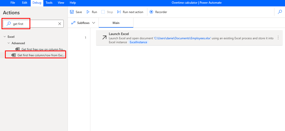 Screenshot of the Power Automate for desktop Get first search in actions.