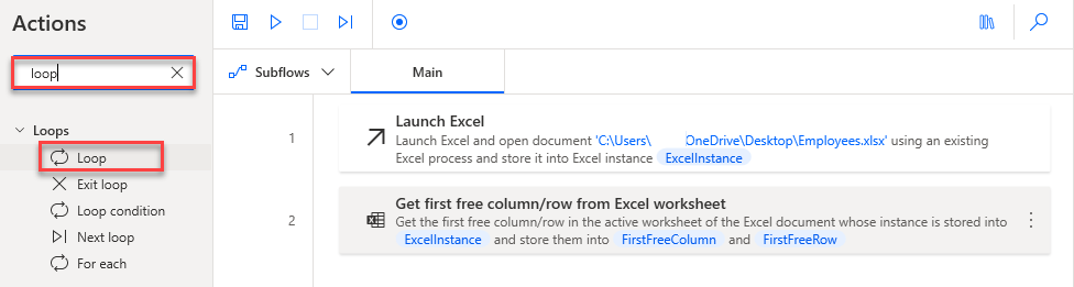 Screenshot of the Power Automate for desktop Loop action in search results.