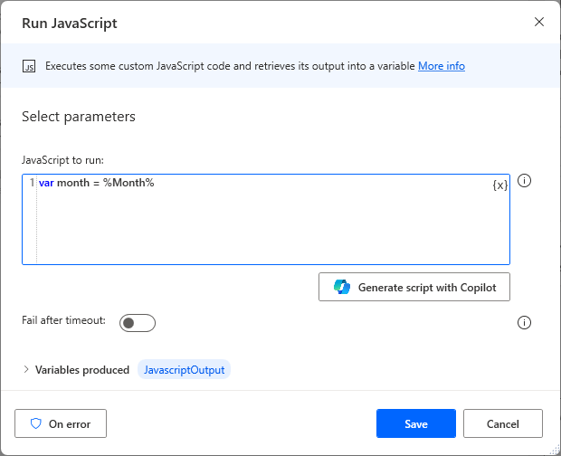 Screenshot of the Power Automate for desktop Run JavaScript action with parameter set to month.