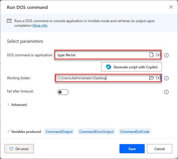 Screenshot of the Run DOS coomand action.