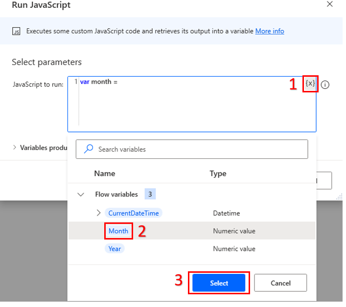 Screenshot of the Power Automate for desktop Run JavaScript add month action.