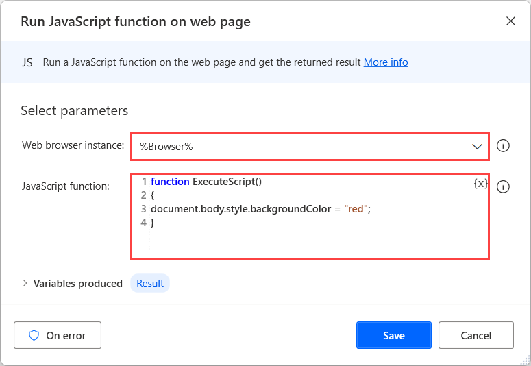 Screenshot of the Run JavaScript Function on web page action.