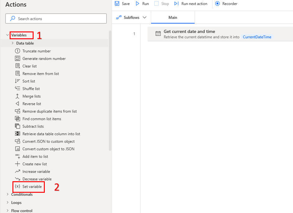 Screenshot of the Power Automate for desktop Set variable action.