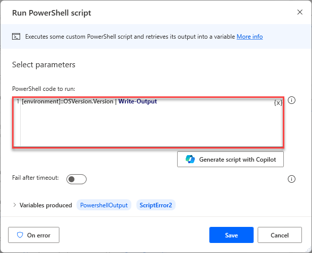 Screenshot of the Run PowerShell script action.