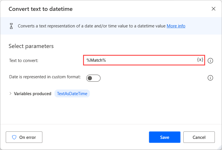 Screenshot of the Power Automate for desktop Convert text to datetime action.