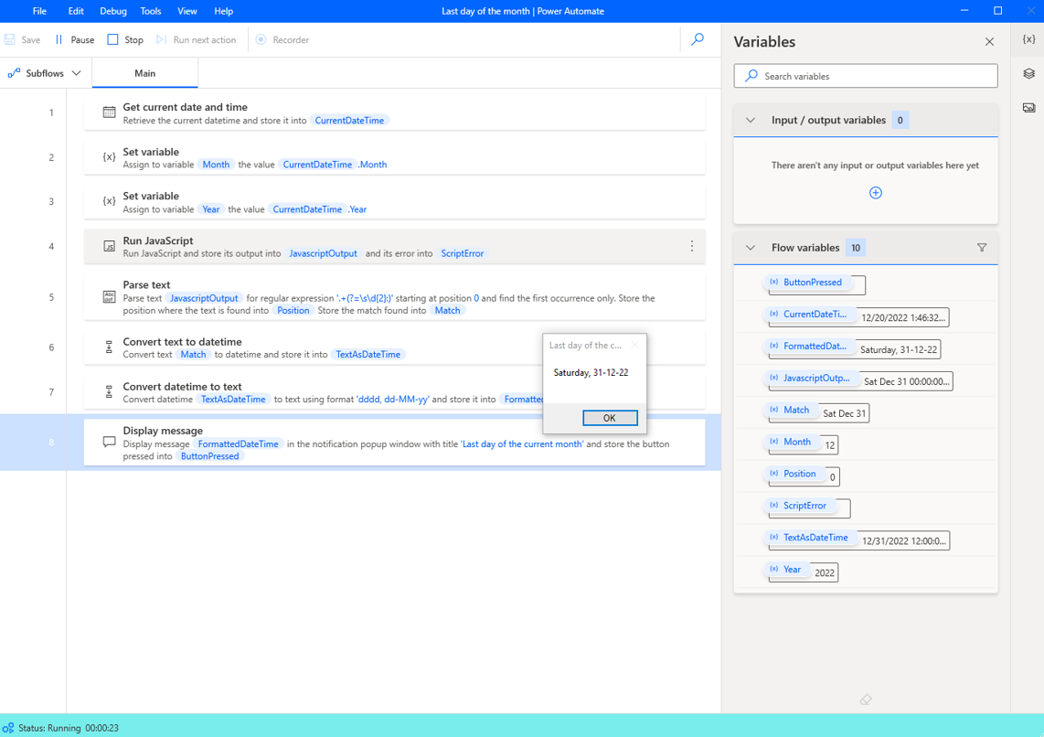 Screenshot of the Power Automate for desktop final flow and the save and run buttons.