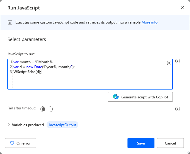 Screenshot of the Power Automate for desktop Run JavaScript action parameters.