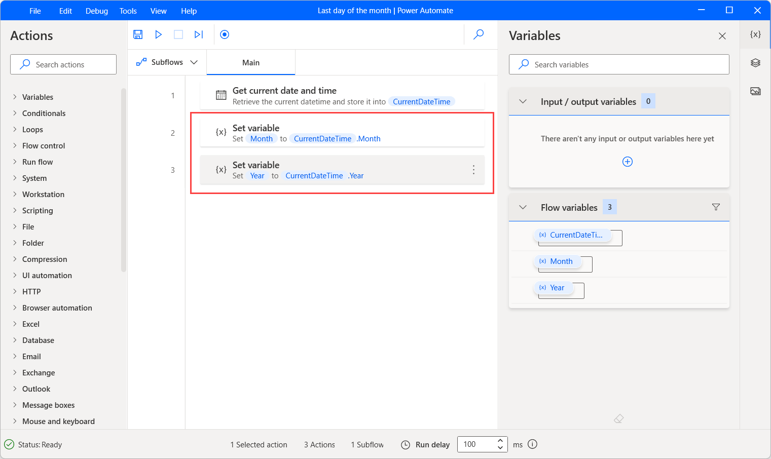 Screenshot of the Power Automate for desktop Set variable month and year action.