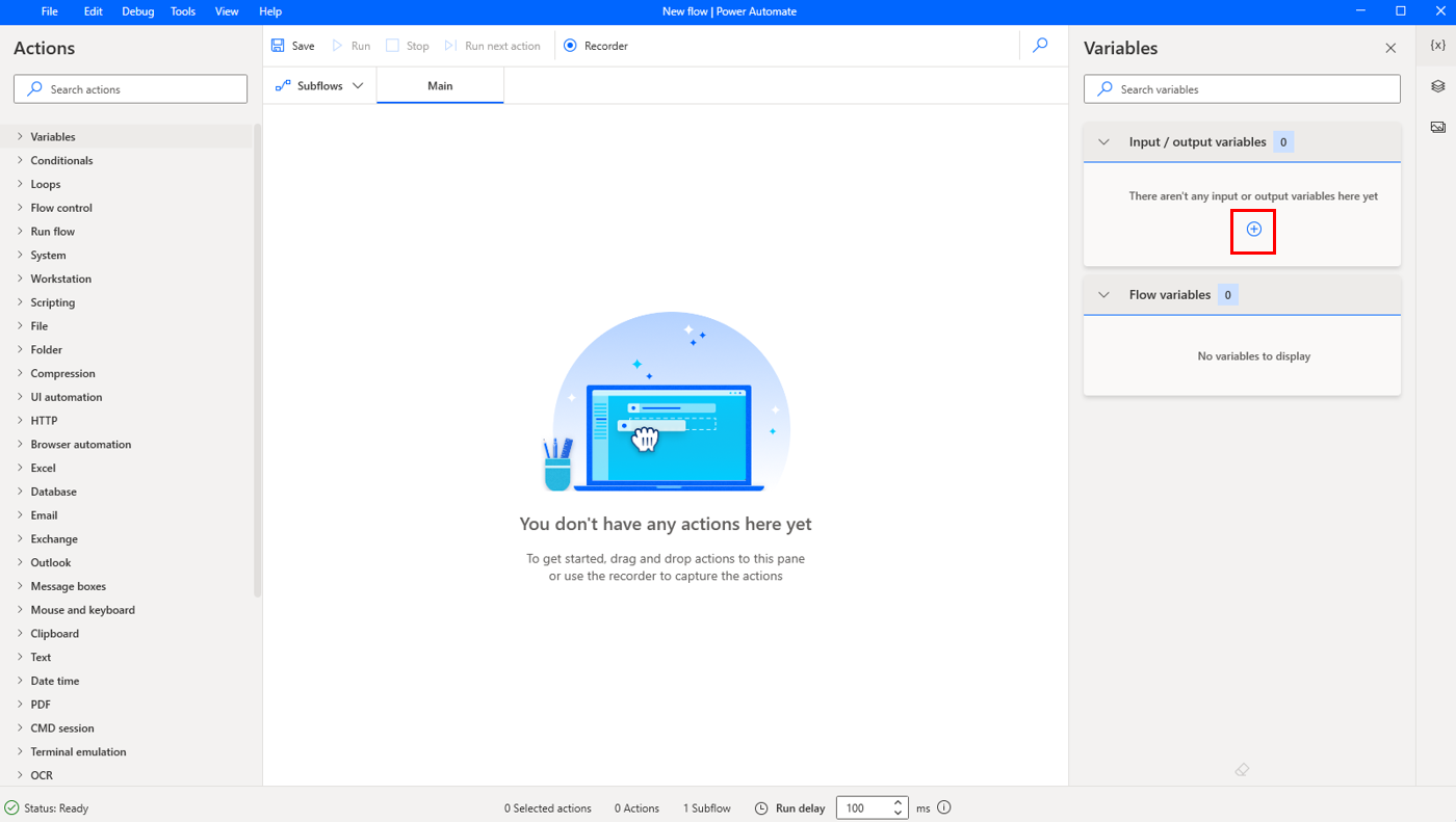 Screenshot of the button to add a new input or output variable.