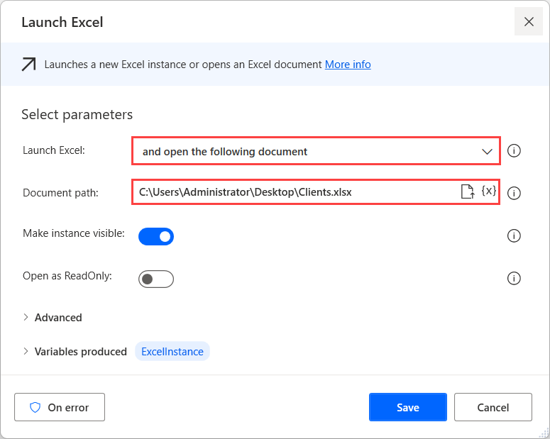 Screenshot of the Launch Excel action properties dialog.