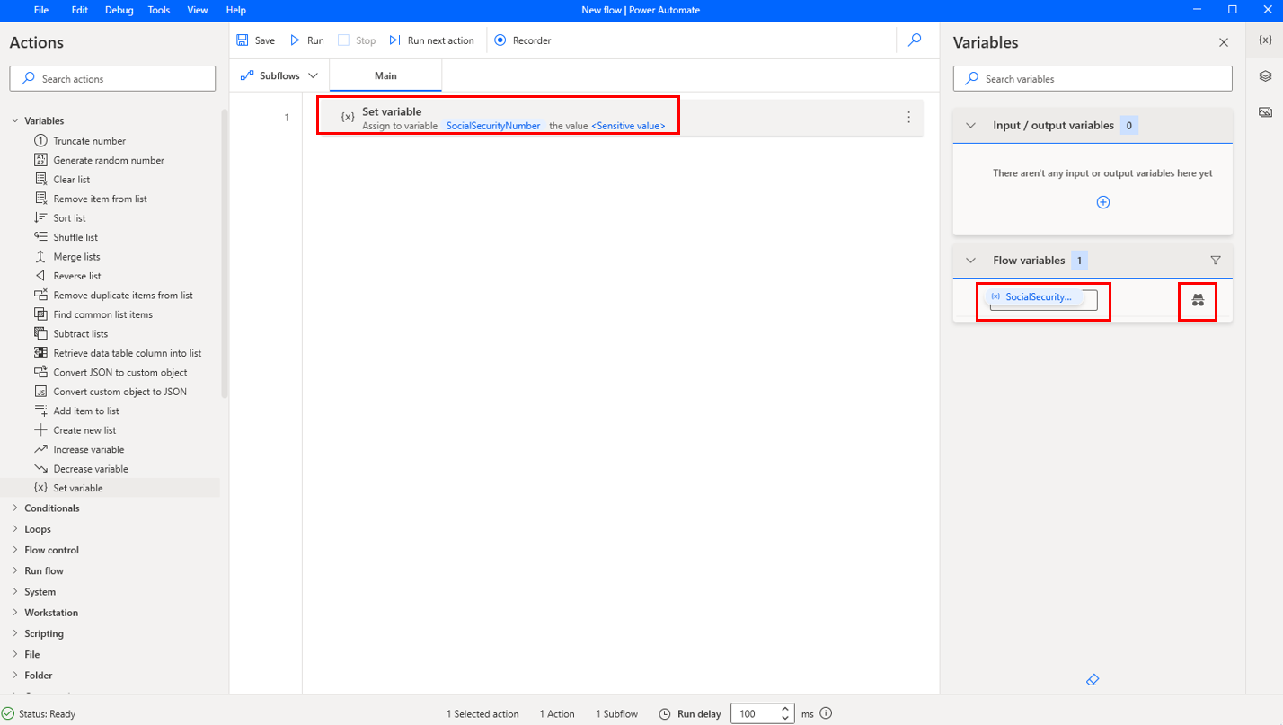 Screenshot of a sensitive variables in the workspace.